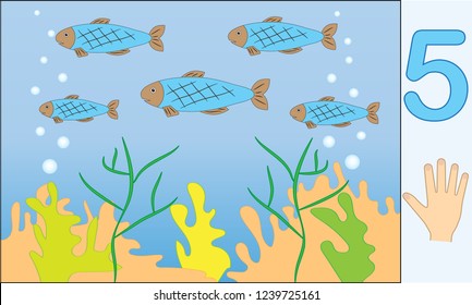 Fishes. Number 5 (five). Learning counting, mathematics. Education for kids. Vector illustration.