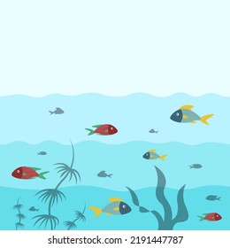 Fishes in the ocean among seaweeds. Vector illustration of cute exotic fishes in flat cartoon style