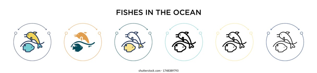 Peces en el icono del océano en el estilo relleno, delgado, contorno y trazo. Ilustración vectorial de dos peces de color y negro en los diseños de los iconos de los vectores oceánicos se puede usar para móviles, ui, web