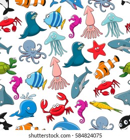 Fishes and ocean and sea animals vector seamless pattern of seal and clown fish or flounder, dolphin, whale and shark, starfish and seahorse, stingray and turtle, crab and octopus, squid and jellyfish