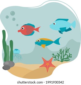 Fishes in ocean. Under water life, sea animals