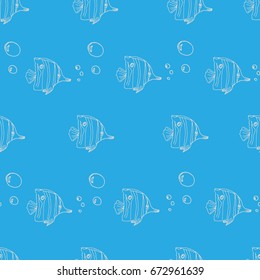 Fishes on blue seamless pattern. Aquatic seamless background with hand drawn elements.