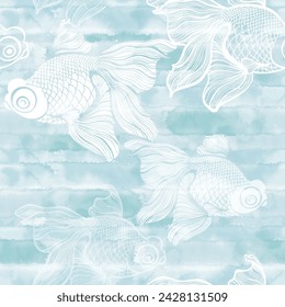 Fishes on blue watercolor background. Art seamless pattern. Vector.  Perfect for design templates, wallpaper, wrapping, fabric and textile. Unique seamless hand drawn illustration.