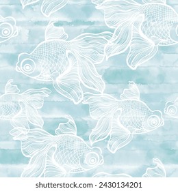 Fishes  on blue watercolor background. Art seamless pattern on a marine theme. Vector.  Perfect for design templates, wallpaper, wrapping, fabric and textile. Unique seamless hand drawn illustration.