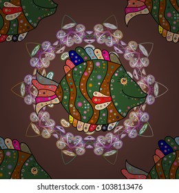 Fishes on brown, green and neutral colors. Vector marine seamless pattern with cartoon colorful fishes. Sea life summer background.