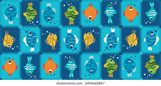 Fishes on a checkerboard tile. Seamless pattern with fish.
