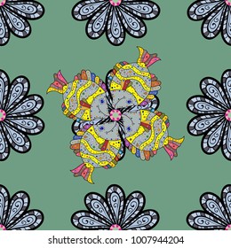 Fishes on green, black and gray. Vector illustration. Seamless pattern of ornamental fish.
