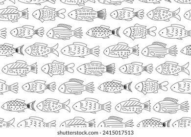 Fische auf einem nahtlosen Muster. Ozeanfische, Vektorsymbole. Linienkontur auf weißem Hintergrund.