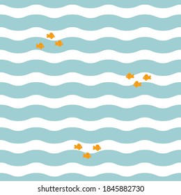 Fishes on the waves creative seamless pattern. Vector background with sea and fish for printing on fabric