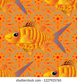 Fishes in orange, blue and yellow colors. Marine kids seamless pattern with colorful cartoon fishes. Stylized vector cute color fish for children textile, wrapping paper, swimsuit cloth, package.