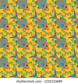 Fishes in orange, yellow and green colors. Seamless colorful background. Vector illustration. Cute texture fish pattern.