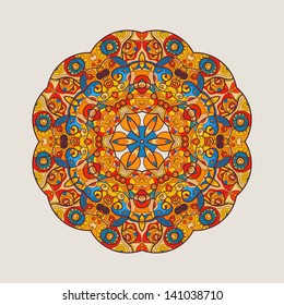 Fishes ornament. Oriental mandala motif round lase pattern on the light background, like snowflake or mehndi paint of orange color. Ethnic backgrounds concept