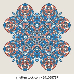 Fishes ornament. Oriental mandala motif round lase pattern on the light background, like snowflake or mehndi paint of orange color. Ethnic backgrounds concept