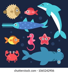 Fishes and others underwater animals. Stylized flat illustrations. Underwater sea fish, ocean nature, dolphin and seahorse vector