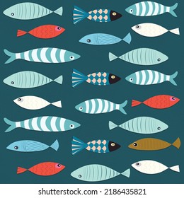 Fishes pattern classical colored flat sketch. Vector Illustration.