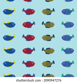 Fishes pattern on a colorful background. Cute animals