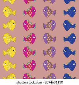 Fishes pattern on a colorful background. Cute animals