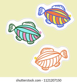 Fishes pattern , stylized, doodles,stripes, holedashed lines, tags. Hand drawn. 