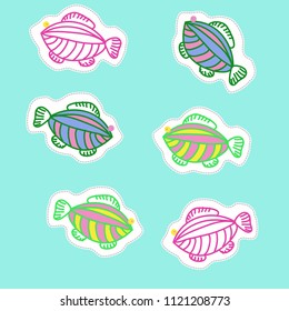 Fishes pattern , stylized, doodles,stripes, holedashed lines, tags. Hand drawn. 