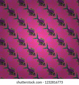 Fishes in pink, green and magenta colors. Seamless colorful background. Vector illustration. Colorful cute texture fish pattern.