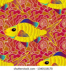 Fishes in pink, yellow and orange colors. Seamless pattern with cute cartoon fishes. Vector illustration.