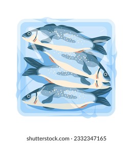 Fishes in plastic tray vector illustration. Cartoon isolated frozen or cold fresh seafood portion in styrofoam package with transparent polythene film wrap, sea product in square container for cooking