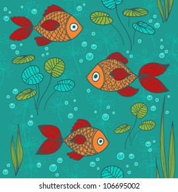 Fishes in a pond. Vector seamless pattern.