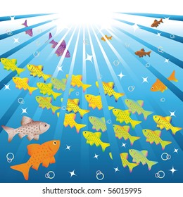Fishes promptly float at ocean. Vector illustration