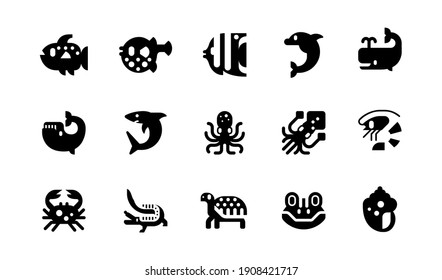 Fishes and reptiles vector illustration icons set. Seafood, ocean animals, dolphin, shark, whale, squid, octopus, shrimp, crab, crocodile, turtle, frog isolated cartoon flat symbols collection