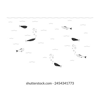 Fishes school swimming underwater black and white cartoon flat illustration. Sea animals life 2D lineart personages isolated on white background. Marine creatures monochrome scene vector outline image