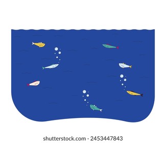 Fishes school swimming underwater line cartoon flat illustration. Sea animals life 2D lineart personages isolated on white background. Marine creatures ecosystem scene vector color image