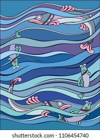 Fishes in the sea cartoon vector hand drawn illustration. 
