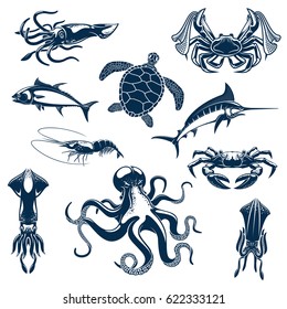 Fishes, sea o ocean animals vector icons. Turtle, marlin or tuna, crab with fisher tackle net and octopus, squid cuttlefish and prawn shrimp. Underwater fauna set for seafood of fishing design