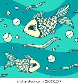 Fishes in the sea with waves and bubbles.