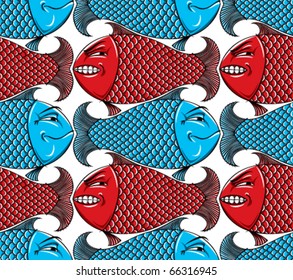 Fishes seamless background. Pattern. Emotions, characters, happy and angry. Yin yang.