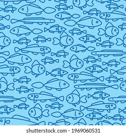 Fishes seamless pattern. Art fish collection, sketch for your design. Cute line fish. 