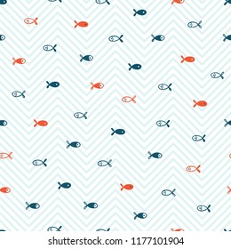 Fishes Seamless Pattern. Background for Kids with Hand drawn Doodle Cute Fish. Cartoon Sea Animals Vector illustration in Scandinavian style