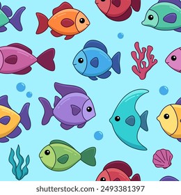 Fishes seamless pattern, background. Simple children cartoon illustrations, kawaii vector drawings