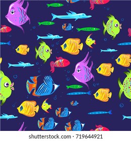 Fishes seamless pattern. Cute cartoon aquarium fish animals background for kids vector illustration print
