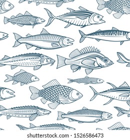 Fishes seamless pattern. Different fishes endless hand drawn texture. 