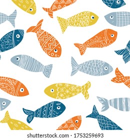 Fishes - seamless pattern. Freehand  doodle style, modern decoration. Trendy fashion background for  web page, surface texture and fabrics, textile prints, wallpaper, kids cloth. Vector illustration