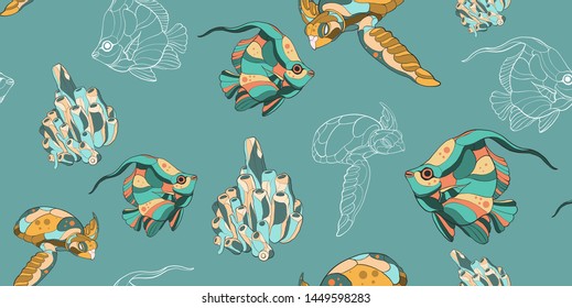 Fishes seamless pattern hand drawn illustration 