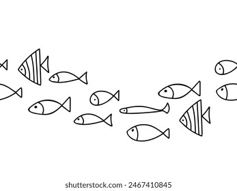 Fishes Seamless Pattern horizontal border. Vector illustration in doodle style isolated on white background. Marine Underwater design elements.