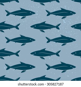 Fishes seamless pattern, old vector illustration with blue shark swimming in a horizontal direction and cracks and dust