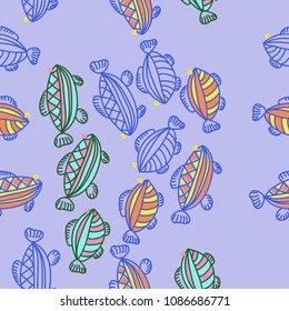 Fishes  seamless pattern , stylized, doodles,stripes, hole. Hand drawn. 