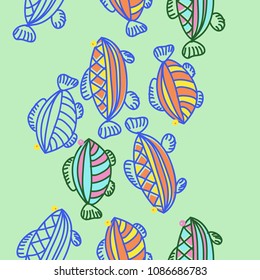 Fishes  seamless pattern , stylized, doodles,stripes, hole. Hand drawn. 