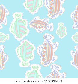 Fishes seamless  pattern , stylized, doodles,stripes, hole, dashed line, tag. Hand drawn.