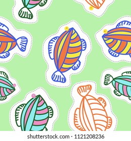 Fishes  seamless pattern , stylized, doodles,stripes, holedashed lines, tags. Hand drawn. 