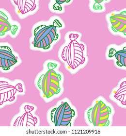Fishes seamless  pattern , stylized, doodles,stripes, holedashed lines, tags. Hand drawn.  