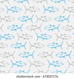 Fishes seamless pattern. Fishes swimming in different directions. Fishes hand drawn sketch.